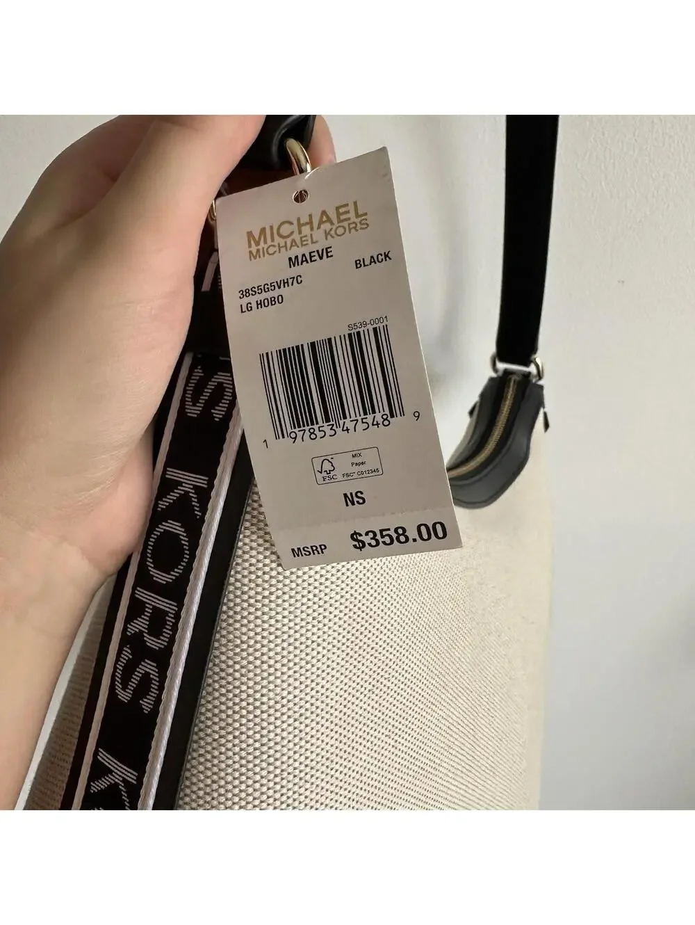 NEW $358 Michael Kors Maeve Large Hobo Bag Cream Beige Black Canavas Leather